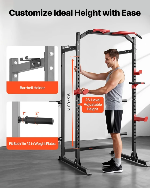 Alt view image 5 of 9 - Vevor Power Cage Power Rack, Multifunctional Barbell Squat Rack with Adjustable Height, Home Gym Strength Training Workout Equipment with J-Hooks & More Fitness Attachment for Bench Press Pull-Up Dips