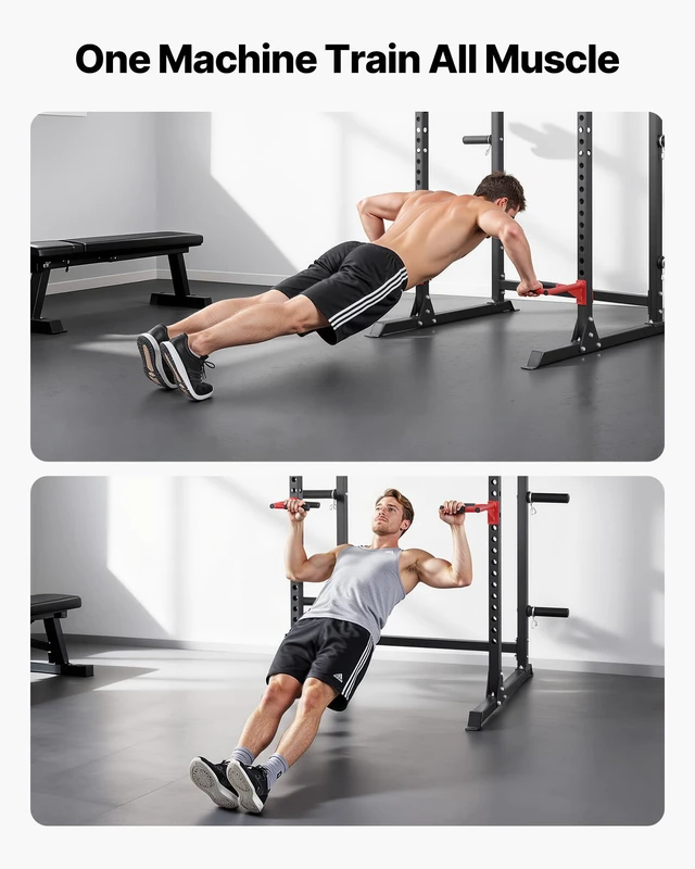 Alt view image 8 of 9 - Vevor Power Cage Power Rack, Multifunctional Barbell Squat Rack with Adjustable Height, Home Gym Strength Training Workout Equipment with J-Hooks & More Fitness Attachment for Bench Press Pull-Up Dips