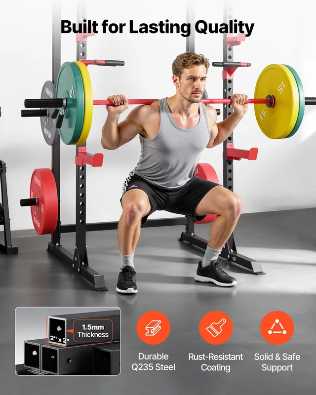 Alt view image 7 of 9 - Vevor Power Cage Power Rack, Multifunctional Barbell Squat Rack with Adjustable Height, Home Gym Strength Training Workout Equipment with J-Hooks & More Fitness Attachment for Bench Press Pull-Up Dips