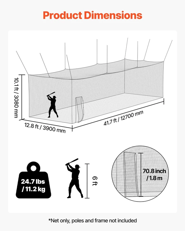 Alt view image 10 of 15 - Baseball Batting Cage, 41.7 x 12.8 x 10.1 FT Freestanding Portable Batting Cage, Hitting Cages with 30-Ply Knotted HDPE & Carabiner Hooks, Battings Cages Netting for Indoor, Outdoor (NET ONLY)