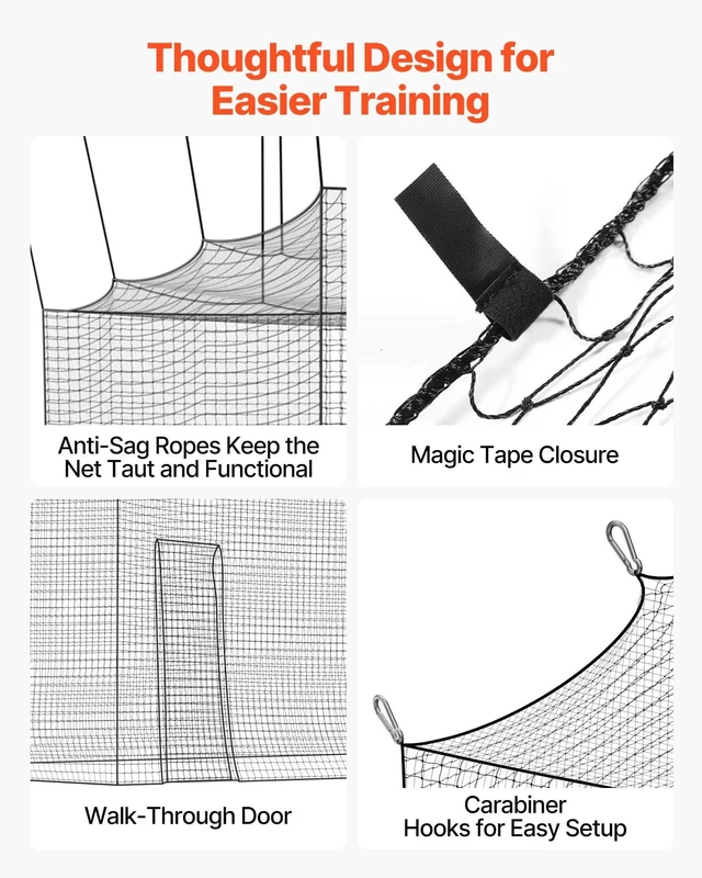 Alt view image 13 of 15 - Baseball Batting Cage, 41.7 x 12.8 x 10.1 FT Freestanding Portable Batting Cage, Hitting Cages with 30-Ply Knotted HDPE & Carabiner Hooks, Battings Cages Netting for Indoor, Outdoor (NET ONLY)