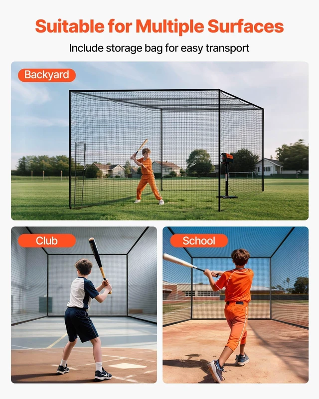 Alt view image 14 of 15 - Baseball Batting Cage, 41.7 x 12.8 x 10.1 FT Freestanding Portable Batting Cage, Hitting Cages with 30-Ply Knotted HDPE & Carabiner Hooks, Battings Cages Netting for Indoor, Outdoor (NET ONLY)