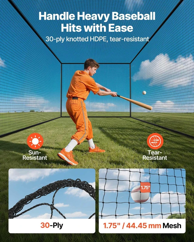 Alt view image 11 of 15 - Baseball Batting Cage, 41.7 x 12.8 x 10.1 FT Freestanding Portable Batting Cage, Hitting Cages with 30-Ply Knotted HDPE & Carabiner Hooks, Battings Cages Netting for Indoor, Outdoor (NET ONLY)