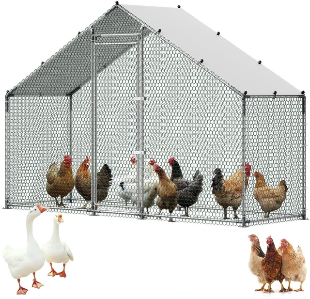 Alt view image 9 of 16 - VEVOR Large Metal Chicken Coop,9.8 x 3.3 x 6.6 ft, Walk-in Chicken Run House with Waterproof Cover & Sturdy Frame, Spire Roof Poultry Cage Duck Pen for Rabbit Hen Goose Outdoor Backyard Farm Use