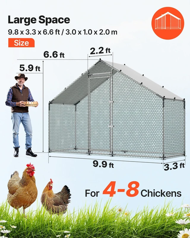 Alt view image 10 of 16 - VEVOR Large Metal Chicken Coop,9.8 x 3.3 x 6.6 ft, Walk-in Chicken Run House with Waterproof Cover & Sturdy Frame, Spire Roof Poultry Cage Duck Pen for Rabbit Hen Goose Outdoor Backyard Farm Use