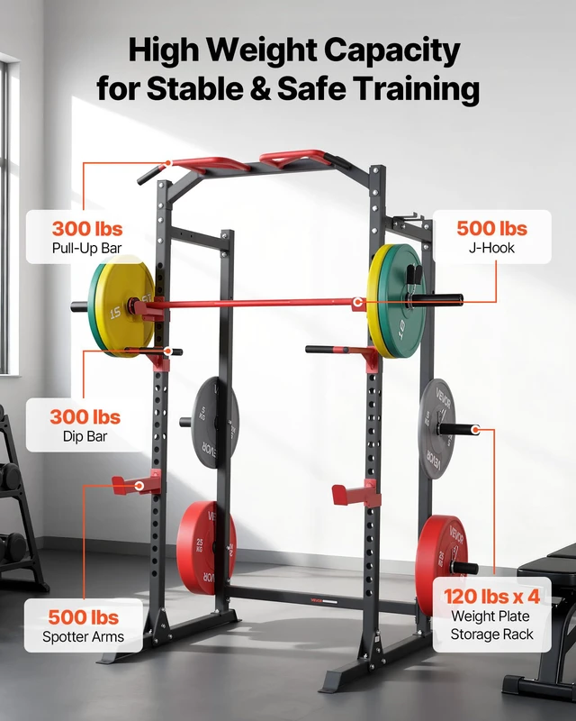 Alt view image 4 of 9 - Vevor Power Cage Power Rack, Multifunctional Barbell Squat Rack with Adjustable Height, Home Gym Strength Training Workout Equipment with J-Hooks & More Fitness Attachment for Bench Press Pull-Up Dips
