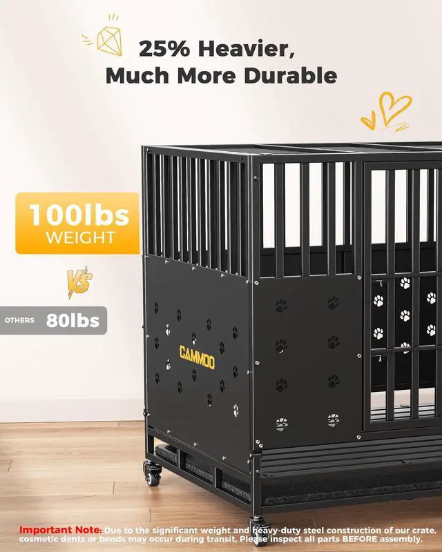 Alt view image 3 of 7 - Cammoo 48'' Heavy Duty Dog Crate for Large Dogs, Upgraded Chew-Proof Panels, Comfort-Widened Floor Panel, Dog Kennel Indoor, Adjustable Internal Height, Easy-Access Wide Door, 4 Lockable Wheels