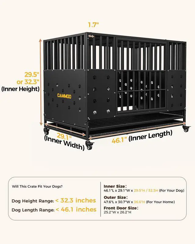 Alt view image 6 of 7 - Cammoo 48'' Heavy Duty Dog Crate for Large Dogs, Upgraded Chew-Proof Panels, Comfort-Widened Floor Panel, Dog Kennel Indoor, Adjustable Internal Height, Easy-Access Wide Door, 4 Lockable Wheels