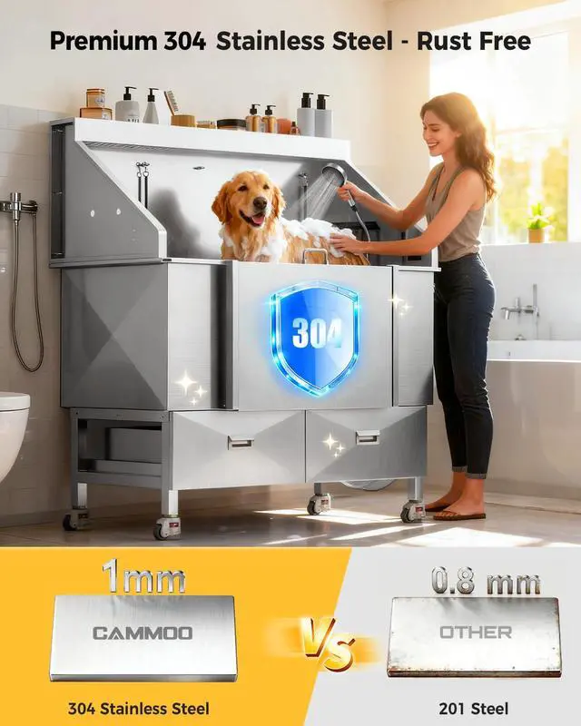 Alt view image 3 of 7 - CAMMOO 61" Dog Washing Station - 304 Stainless Steel, 27.4" Wide Ramp, Water-Storing Dog Bathing Station w/Swivel Wheels, Pet Proof Faucet, 2 Drawers, Dog Bathtub for Large & Medium & Small Dogs