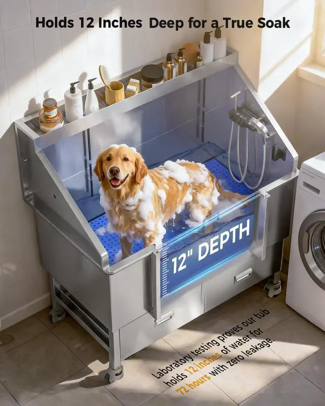 Alt view image 4 of 7 - CAMMOO 61" Dog Washing Station - 304 Stainless Steel, 27.4" Wide Ramp, Water-Storing Dog Bathing Station w/Swivel Wheels, Pet Proof Faucet, 2 Drawers, Dog Bathtub for Large & Medium & Small Dogs