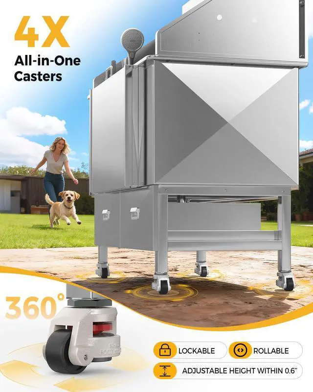 Alt view image 5 of 7 - CAMMOO 61" Dog Washing Station - 304 Stainless Steel, 27.4" Wide Ramp, Water-Storing Dog Bathing Station w/Swivel Wheels, Pet Proof Faucet, 2 Drawers, Dog Bathtub for Large & Medium & Small Dogs