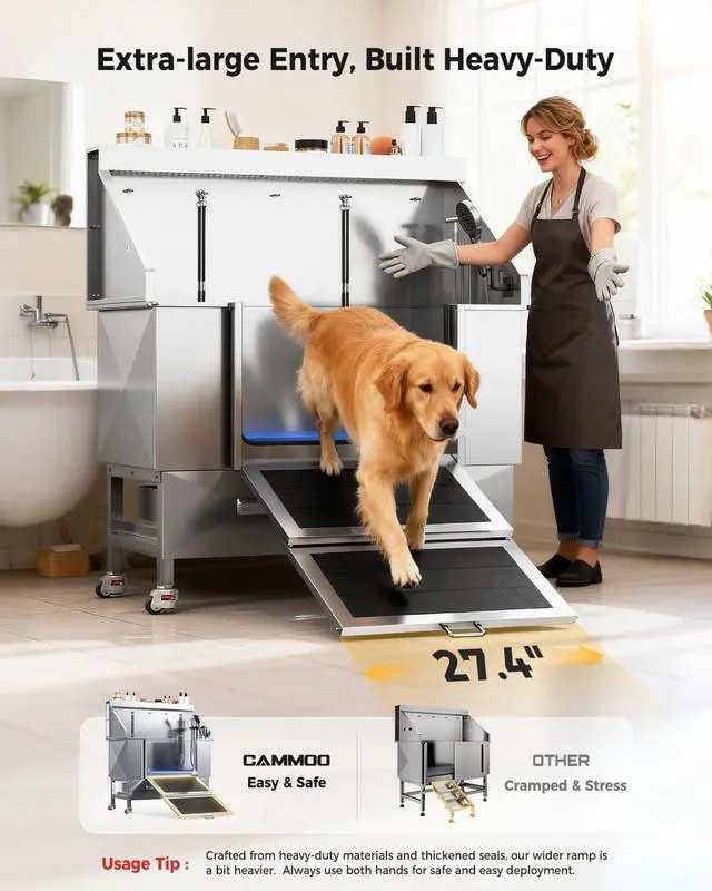 Alt view image 6 of 7 - CAMMOO 61" Dog Washing Station - 304 Stainless Steel, 27.4" Wide Ramp, Water-Storing Dog Bathing Station w/Swivel Wheels, Pet Proof Faucet, 2 Drawers, Dog Bathtub for Large & Medium & Small Dogs