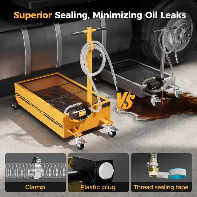 Alt view image 4 of 7 - CAMMOO 25 Gal Electric Oil Drain Pan, 110V High-Flow Pump, 9.8 FT Hose, 200 W Motor, 2 Locking Swivel Casters and 2 Directional Wheels Stable, Folding Handle, Heavy-Duty for Trucks, RVs, SUVs, Yellow