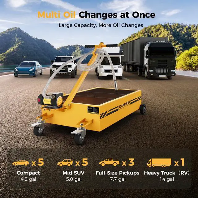 Alt view image 7 of 7 - CAMMOO 25 Gal Electric Oil Drain Pan, 110V High-Flow Pump, 9.8 FT Hose, 200 W Motor, 2 Locking Swivel Casters and 2 Directional Wheels Stable, Folding Handle, Heavy-Duty for Trucks, RVs, SUVs, Yellow