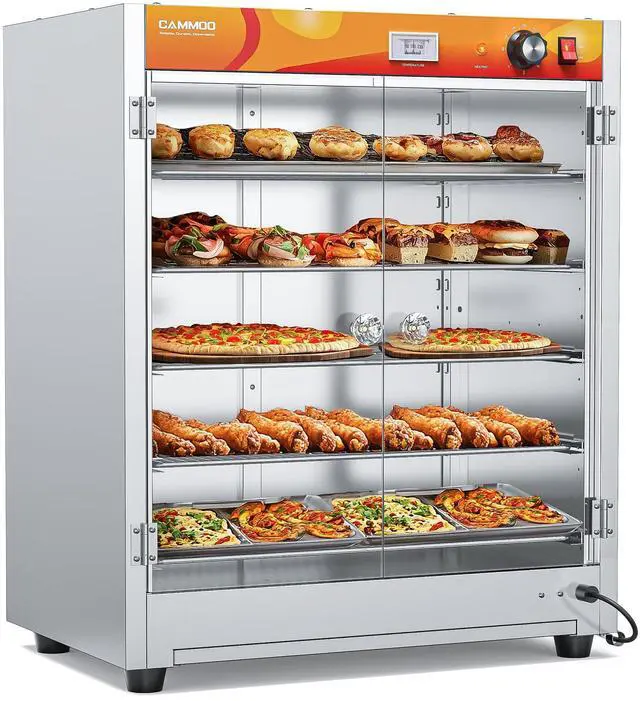Main image of CAMMOO 133Qt 5-Tier 900W Commercial Food Warmer w/ 304 Blued Stainless Steel Heating Element, Double-Tempered Glass Door, Adjustable Shelf, Electric Catering Hot Box Countertop Heated Holding Cabinet