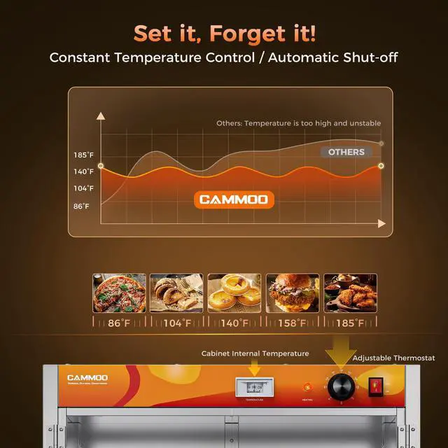 Alt view image 4 of 7 - CAMMOO 133Qt 5-Tier 900W Commercial Food Warmer w/ 304 Blued Stainless Steel Heating Element, Double-Tempered Glass Door, Adjustable Shelf, Electric Catering Hot Box Countertop Heated Holding Cabinet