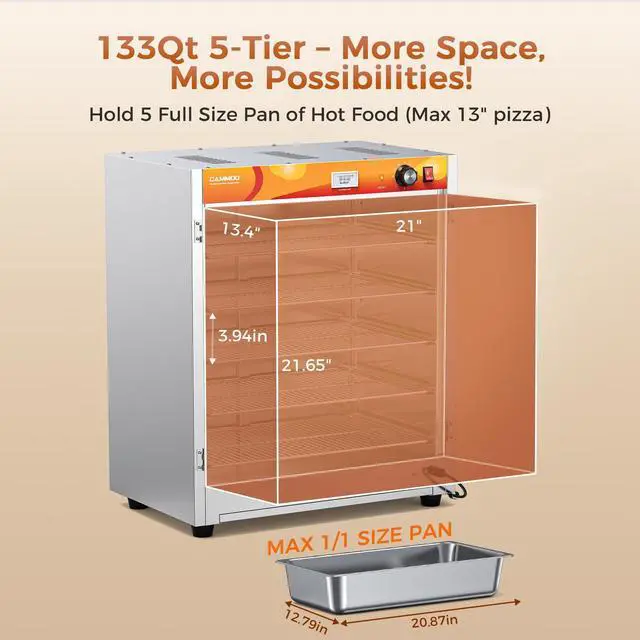 Alt view image 6 of 7 - CAMMOO 133Qt 5-Tier 900W Commercial Food Warmer w/ 304 Blued Stainless Steel Heating Element, Double-Tempered Glass Door, Adjustable Shelf, Electric Catering Hot Box Countertop Heated Holding Cabinet