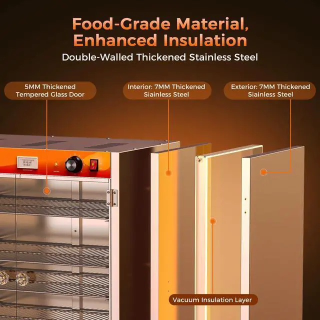 Alt view image 7 of 7 - CAMMOO 133Qt 5-Tier 900W Commercial Food Warmer w/ 304 Blued Stainless Steel Heating Element, Double-Tempered Glass Door, Adjustable Shelf, Electric Catering Hot Box Countertop Heated Holding Cabinet