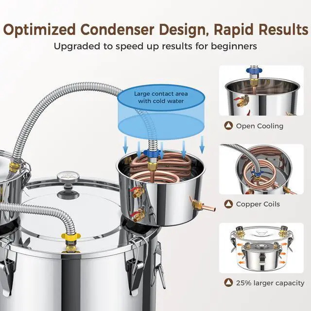 Alt view image 3 of 7 - CAMMOO 3 Pots 13.2Gal/50L Moonshine Still Kit Complete with Thumper and Condenser, Thermometer, Submersible Pump, Stainless Steel Alcohol Distiller Home Brewing Kit for DIY Whiskey Wine Brandy