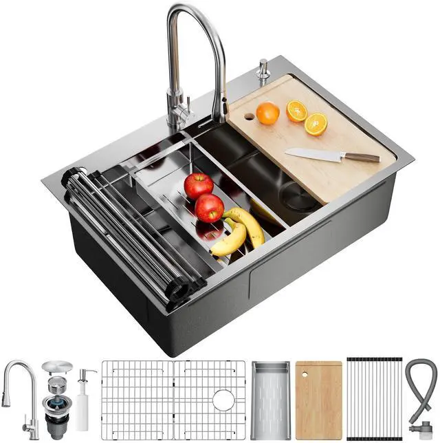 Main image of CAMMOO 33X22 Drop In Kitchen Sink, 304 Stainless Steel Workstation Sink, Pop-Up Drain, Upgraded Fast Drain & Anti-Clog, Topmount Single Bowl with Accessories, Foldable Grid for Easy Clean
