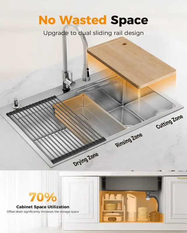 Alt view image 6 of 7 - CAMMOO 33X22 Drop In Kitchen Sink, 304 Stainless Steel Workstation Sink, Pop-Up Drain, Upgraded Fast Drain & Anti-Clog, Topmount Single Bowl with Accessories, Foldable Grid for Easy Clean