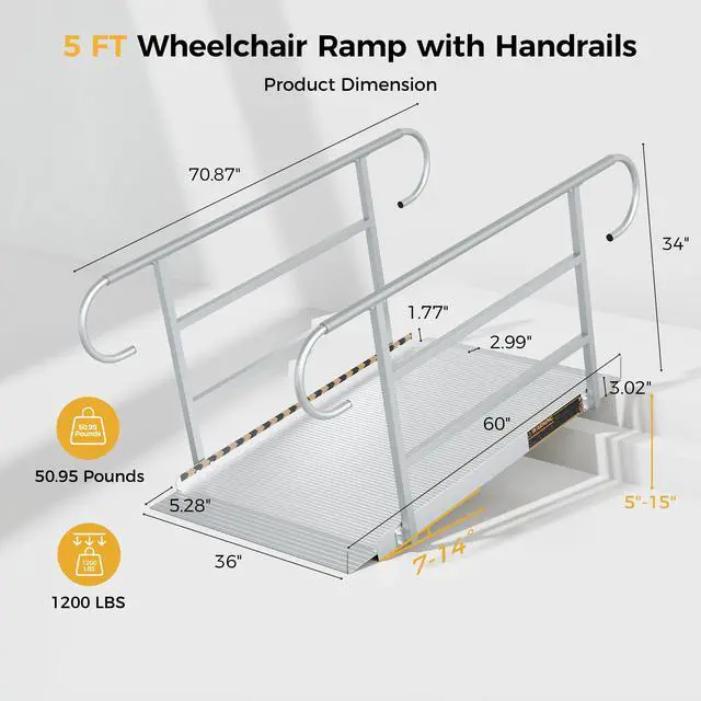 Alt view image 4 of 7 - CAMMOO 5 FT Wheelchair Ramp with Handrails for Home Steps 1200LBS Capacity, High-Strength Aluminum Alloy, Triple Anti-Slip, Handicap Ramp for Home Steps, Entry Access, Door Threshold, Wheel Chairs