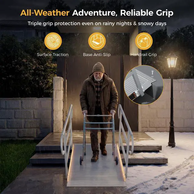 Alt view image 6 of 7 - CAMMOO 5 FT Wheelchair Ramp with Handrails for Home Steps 1200LBS Capacity, High-Strength Aluminum Alloy, Triple Anti-Slip, Handicap Ramp for Home Steps, Entry Access, Door Threshold, Wheel Chairs
