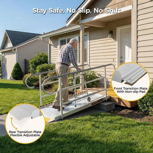 Alt view image 7 of 7 - CAMMOO 5 FT Wheelchair Ramp with Handrails for Home Steps 1200LBS Capacity, High-Strength Aluminum Alloy, Triple Anti-Slip, Handicap Ramp for Home Steps, Entry Access, Door Threshold, Wheel Chairs