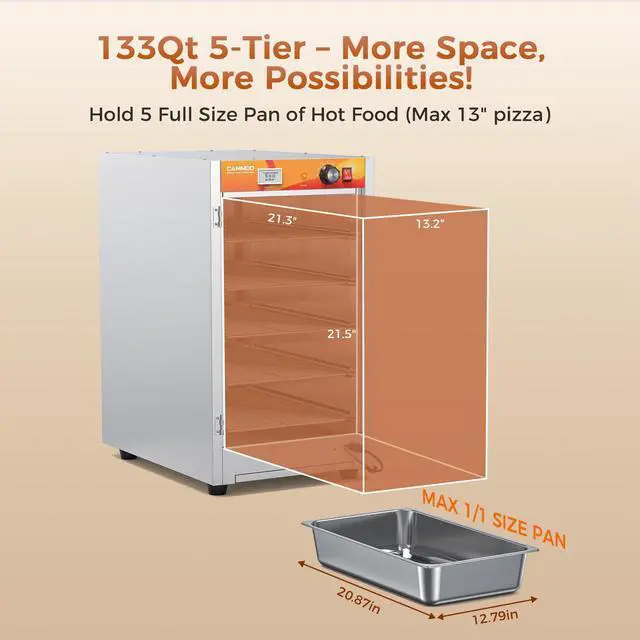 Alt view image 6 of 7 - CAMMOO 133Qt 5-Tier 900W Commercial Food Warmer w/ 304 Blued Stainless Steel Heating Element, Single-Tempered Glass Door, Adjustable Shelf, Electric Catering Hot Box Countertop Heated Holding Cabinet