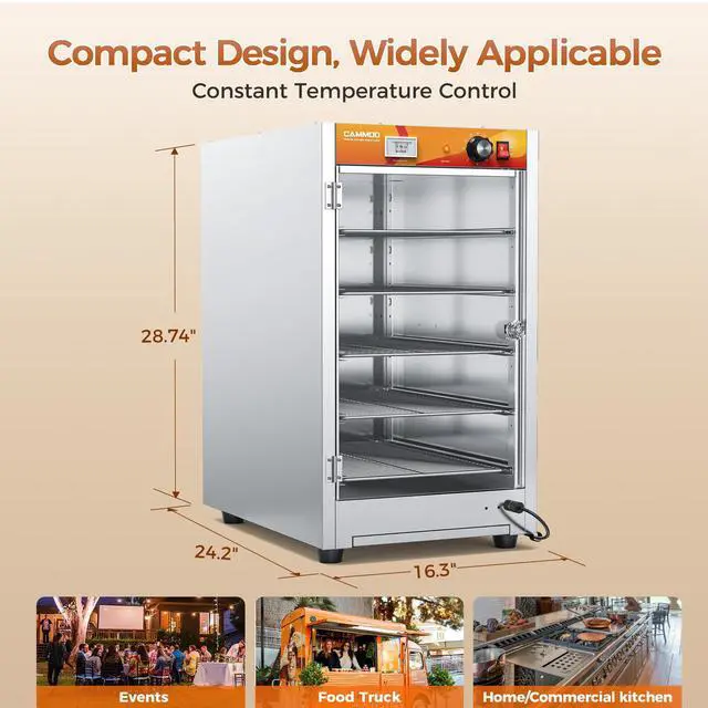 Alt view image 7 of 7 - CAMMOO 133Qt 5-Tier 900W Commercial Food Warmer w/ 304 Blued Stainless Steel Heating Element, Single-Tempered Glass Door, Adjustable Shelf, Electric Catering Hot Box Countertop Heated Holding Cabinet
