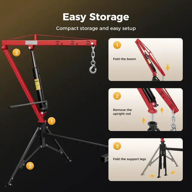 Alt view image 6 of 7 - CAMMOO 1000lbs Receiver Hitch Mounted Hydraulic 360° Swivel Truck Crane with 3 Boom Capacity Options: 500lbs, 750lbs, 1000lbs. Ideal for Workshops, Construction, Agriculture, and Logging, Red