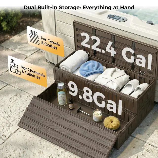 Alt view image 5 of 7 - CAMMOO Hot Tub Steps - Double-Decker Large Storage & Snap-Together Assembly, Fully Sealed Spa Steps with Non-Slip Wider Step, Hot Tub Stairs, Outdoor/Indoor, Brown