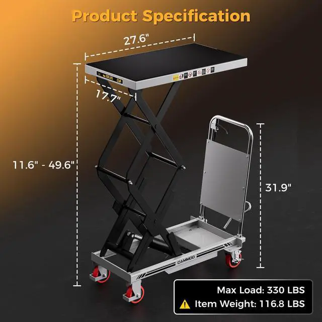Alt view image 2 of 7 - CAMMOO Hydraulic Lift Table Cart, 330lbs Capacity 49.6" Lifting Height, Double Scissor Lift Table with Non-Slip Pad & Safety Guard for Material Handling & Transportation, Gray