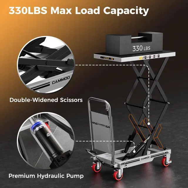 Alt view image 7 of 7 - CAMMOO Hydraulic Lift Table Cart, 330lbs Capacity 49.6" Lifting Height, Double Scissor Lift Table with Non-Slip Pad & Safety Guard for Material Handling & Transportation, Gray