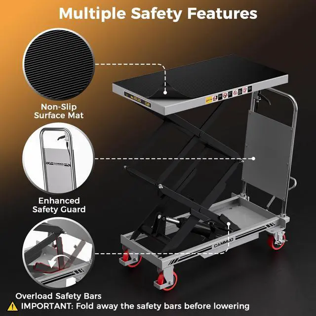Alt view image 5 of 7 - CAMMOO Hydraulic Lift Table Cart, 330lbs Capacity 49.6" Lifting Height, Double Scissor Lift Table with Non-Slip Pad & Safety Guard for Material Handling & Transportation, Gray