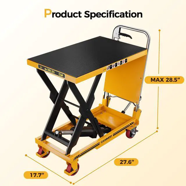 Alt view image 2 of 7 - CAMMOO Foldable Hydraulic Lift Table Cart, 500lbs Capacity, 28.5" Lifting Height, Single Scissor Lift with Non-Slip Pad & Thickened Scissors Design for Material Handling and Transportation, Yellow