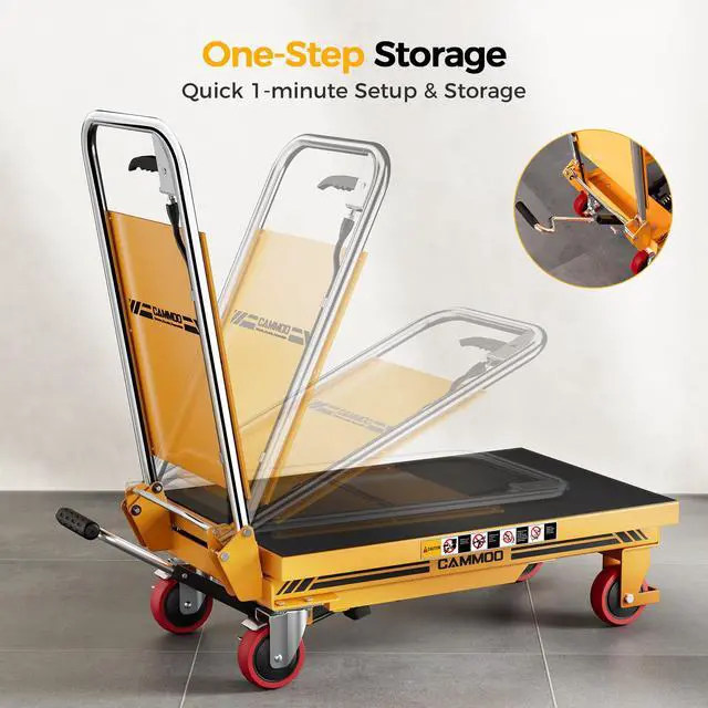 Alt view image 3 of 7 - CAMMOO Foldable Hydraulic Lift Table Cart, 500lbs Capacity, 28.5" Lifting Height, Single Scissor Lift with Non-Slip Pad & Thickened Scissors Design for Material Handling and Transportation, Yellow