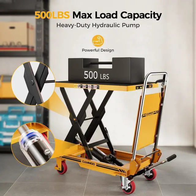 Alt view image 5 of 7 - CAMMOO Foldable Hydraulic Lift Table Cart, 500lbs Capacity, 28.5" Lifting Height, Single Scissor Lift with Non-Slip Pad & Thickened Scissors Design for Material Handling and Transportation, Yellow