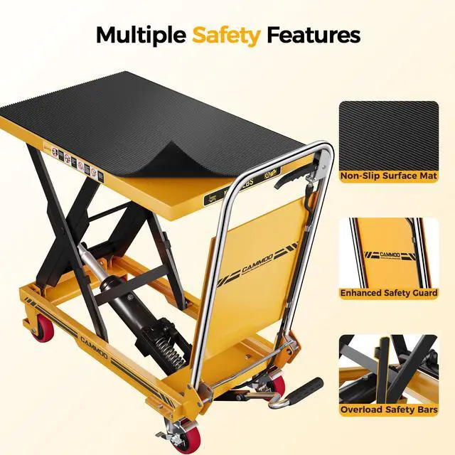 Alt view image 6 of 7 - CAMMOO Foldable Hydraulic Lift Table Cart, 500lbs Capacity, 28.5" Lifting Height, Single Scissor Lift with Non-Slip Pad & Thickened Scissors Design for Material Handling and Transportation, Yellow