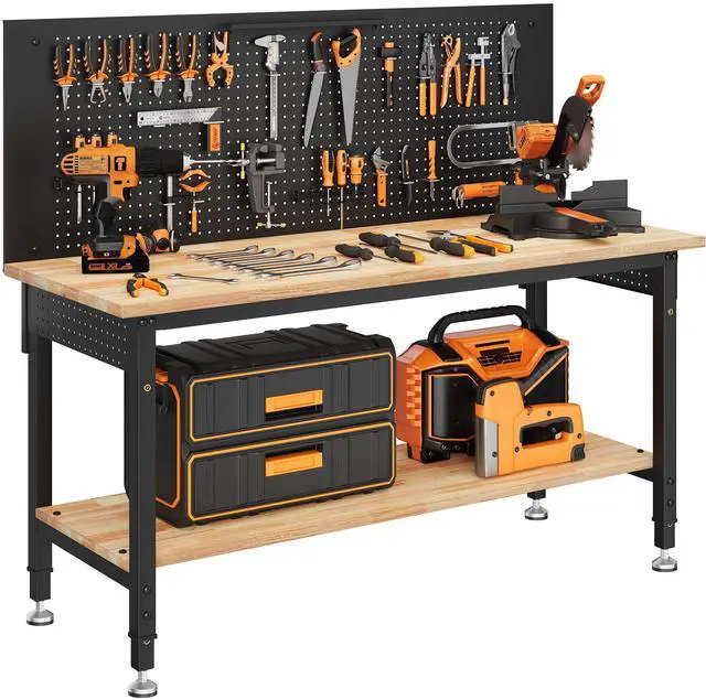 Main image of CAMMOO 60" Work Bench Adjustable Height with Storage Shelf, Max Load 2000 LBS Heavy Duty Rubberwood Tabletop with Pegboard, LED Light, Built-in Power Strip for Woodworking Shop, Garage, Home