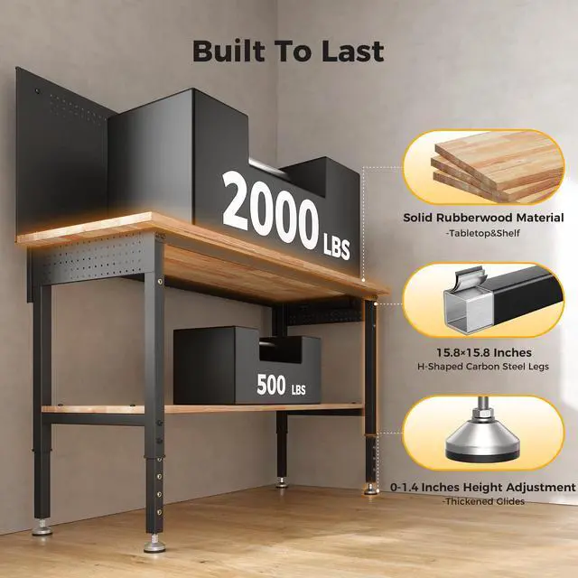 Alt view image 3 of 7 - CAMMOO 60" Work Bench Adjustable Height with Storage Shelf, Max Load 2000 LBS Heavy Duty Rubberwood Tabletop with Pegboard, LED Light, Built-in Power Strip for Woodworking Shop, Garage, Home