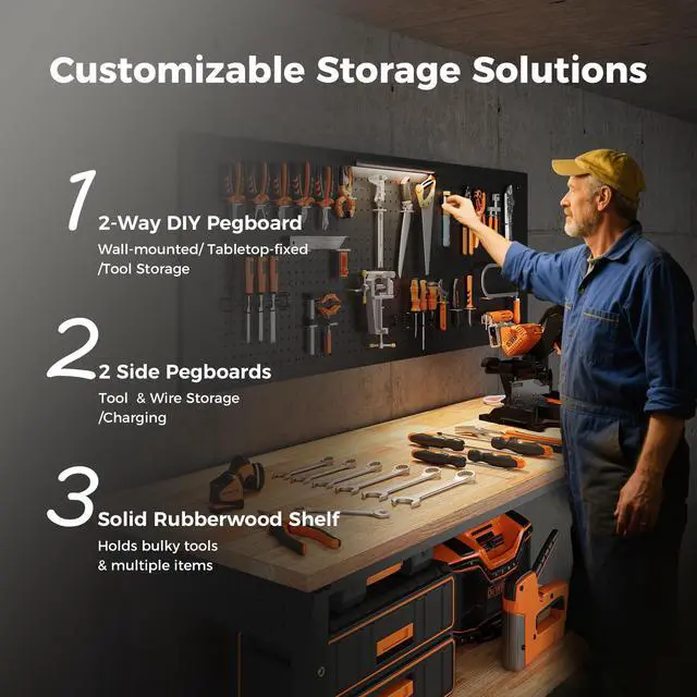 Alt view image 4 of 7 - CAMMOO 60" Work Bench Adjustable Height with Storage Shelf, Max Load 2000 LBS Heavy Duty Rubberwood Tabletop with Pegboard, LED Light, Built-in Power Strip for Woodworking Shop, Garage, Home