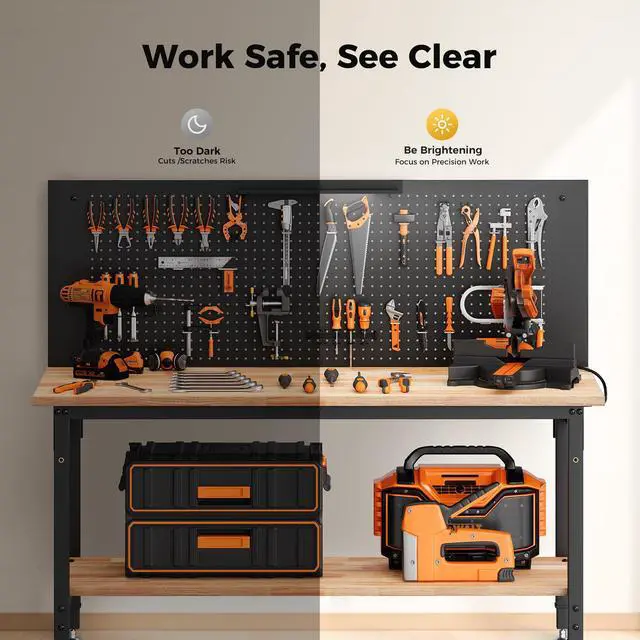 Alt view image 5 of 7 - CAMMOO 60" Work Bench Adjustable Height with Storage Shelf, Max Load 2000 LBS Heavy Duty Rubberwood Tabletop with Pegboard, LED Light, Built-in Power Strip for Woodworking Shop, Garage, Home