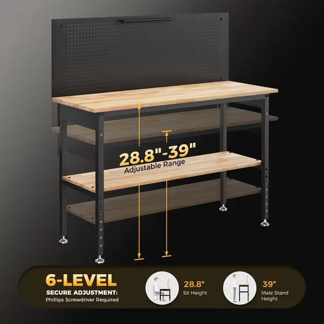 Alt view image 7 of 7 - CAMMOO 60" Work Bench Adjustable Height with Storage Shelf, Max Load 2000 LBS Heavy Duty Rubberwood Tabletop with Pegboard, LED Light, Built-in Power Strip for Woodworking Shop, Garage, Home