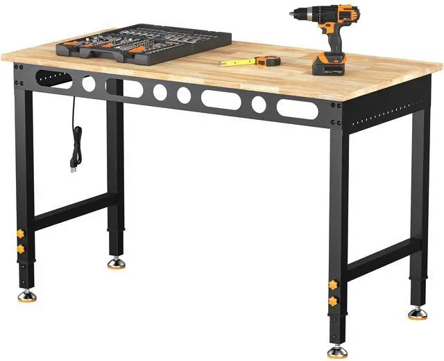 Main image of CAMMOO 48 Inch Adjustable Workbench 2000 LBS Capacity, Power Strip, Solid Rubber Wood Top, Heavy Duty Craft Work Table for Home, Garage, Workshop, and Office