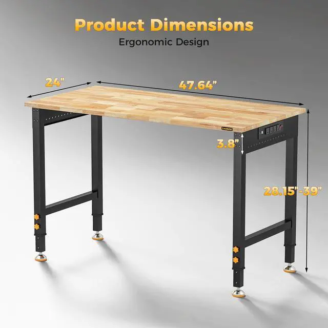Alt view image 2 of 7 - CAMMOO 48 Inch Adjustable Workbench 2000 LBS Capacity, Power Strip, Solid Rubber Wood Top, Heavy Duty Craft Work Table for Home, Garage, Workshop, and Office