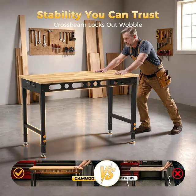 Alt view image 5 of 7 - CAMMOO 48 Inch Adjustable Workbench 2000 LBS Capacity, Power Strip, Solid Rubber Wood Top, Heavy Duty Craft Work Table for Home, Garage, Workshop, and Office