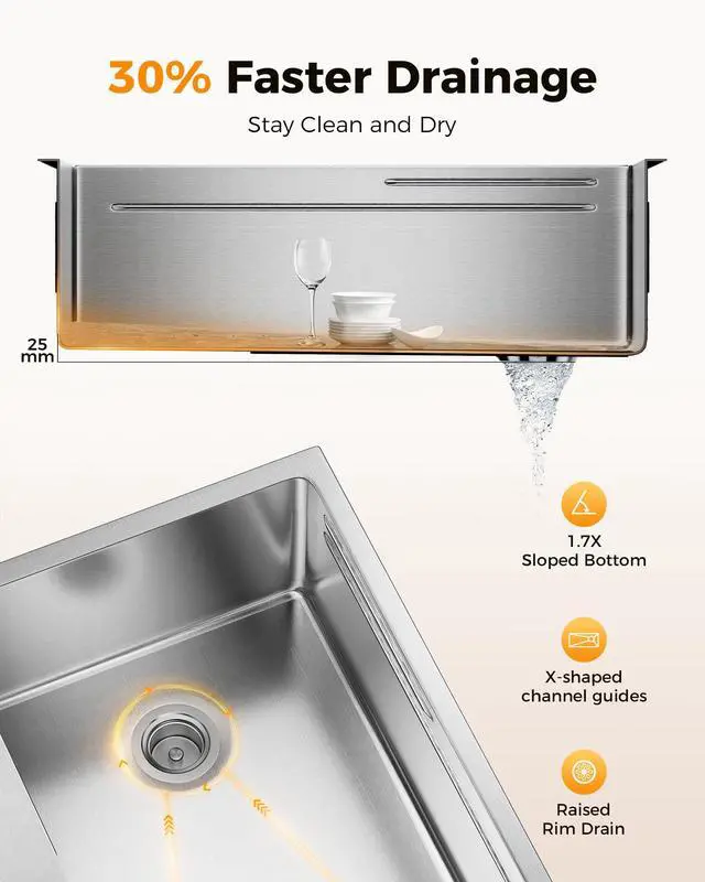 Alt view image 2 of 7 - CAMMOO 33X22 Drop In Kitchen Sink with Pop-Up Drain, 304 Stainless Steel Workstation Sink, Upgraded Fast Drain, Topmount Single Bowl with Accessories, Foldable Grid for Easy Cleaning