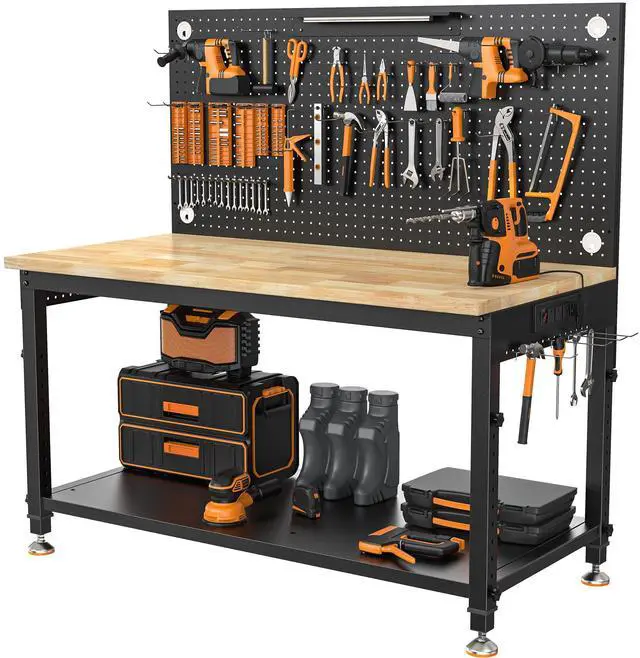 Main image of CAMMOO 48" Heavy Duty Work Bench Adjustable Height Max Load 2000 LBS with Storage Shelf for Garage Workbench, Rubberwood Tabletop with Pegboard, LED Light, Built-in Power Strip for Woodworking Shop