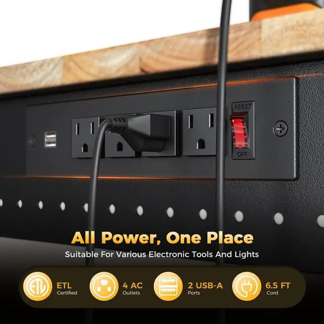 Alt view image 7 of 7 - CAMMOO 48 Inch Adjustable Workbench 2000 LBS Capacity, Power Strip, Solid Rubber Wood Top, Heavy Duty Craft Work Table for Home, Garage, Workshop, and Office